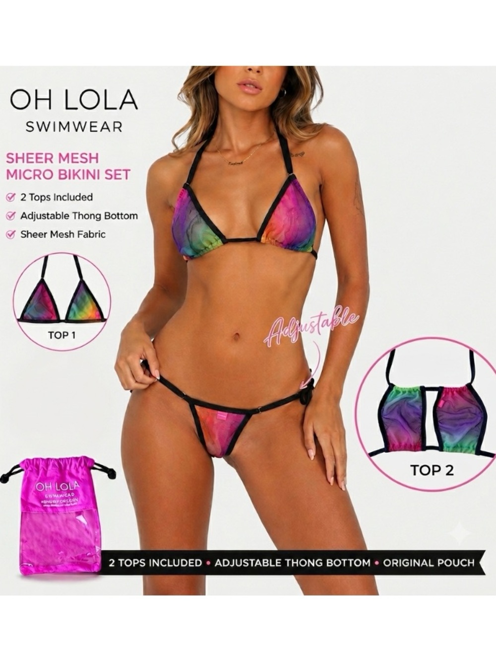 OH LOLA Swimwear Sheer Mesh Micro Bikini Set - 2 Tops and Pouch Included! Small